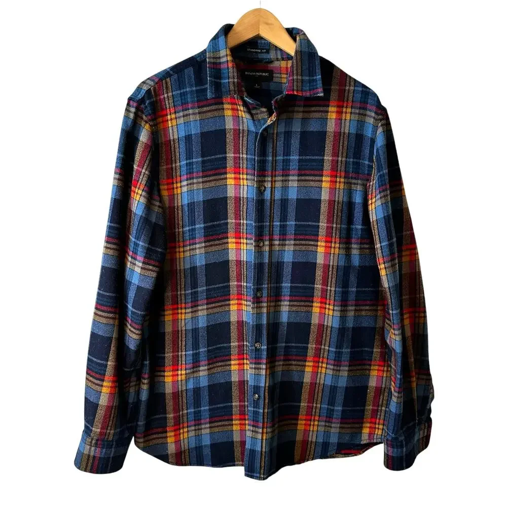Banana Republic Mens Flannel Standard Plaid Long Sleeve Button Up Blue Multi L